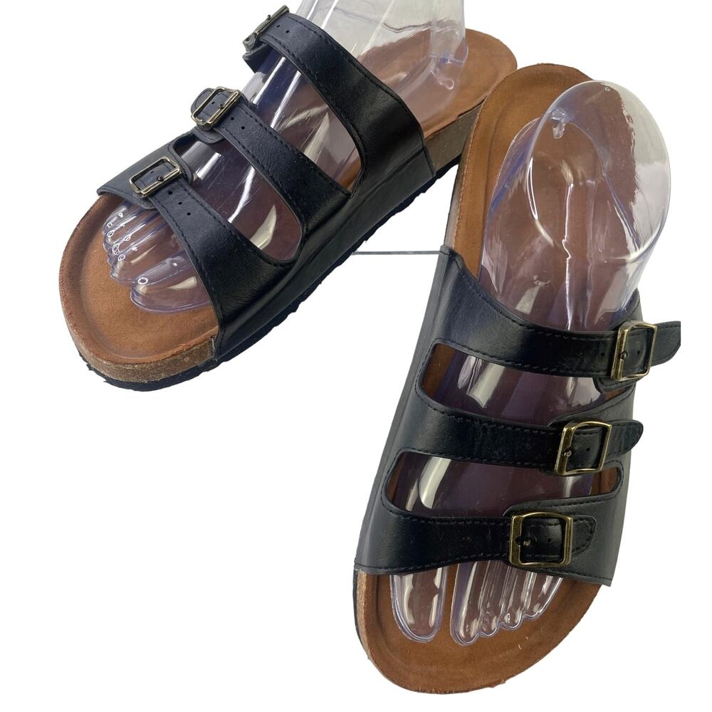 Women's Comfy Footbed Slide Sandals Three Adjustable Buckle Straps Black Size 11